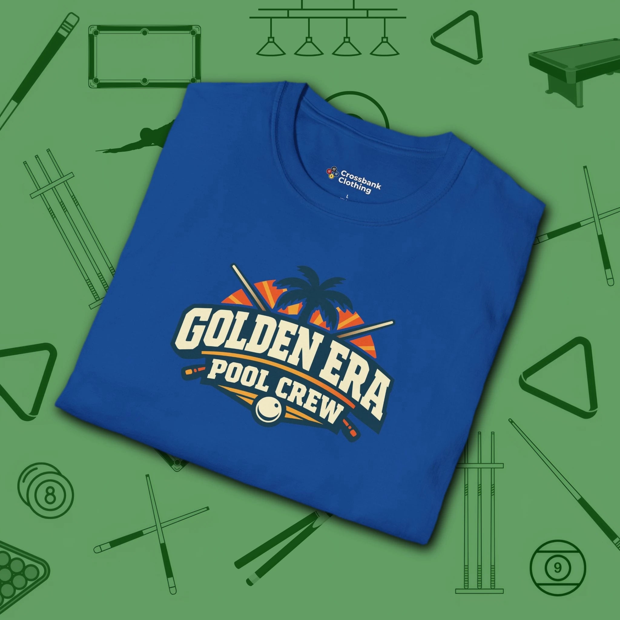 Golden Era Pool Crew T-Shirt, in Royal color, billiards shirt, folded view