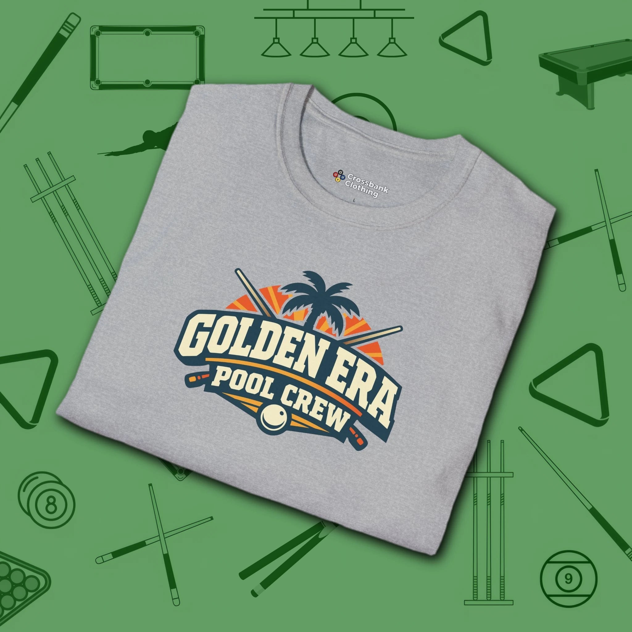 Golden Era Pool Crew T-Shirt, in Sport Grey color, billiards shirt, folded view