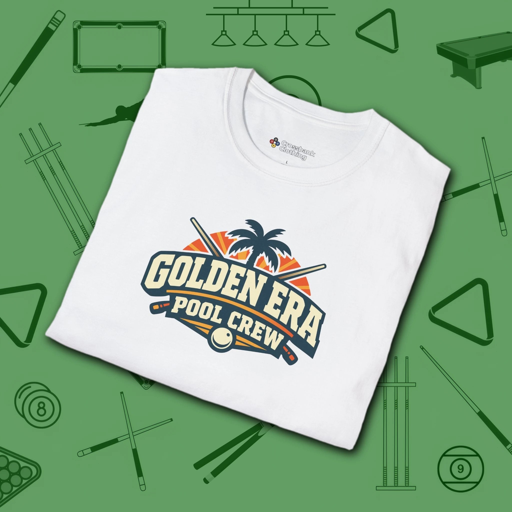 Golden Era Pool Crew T-Shirt, in White color, billiards shirt, folded view