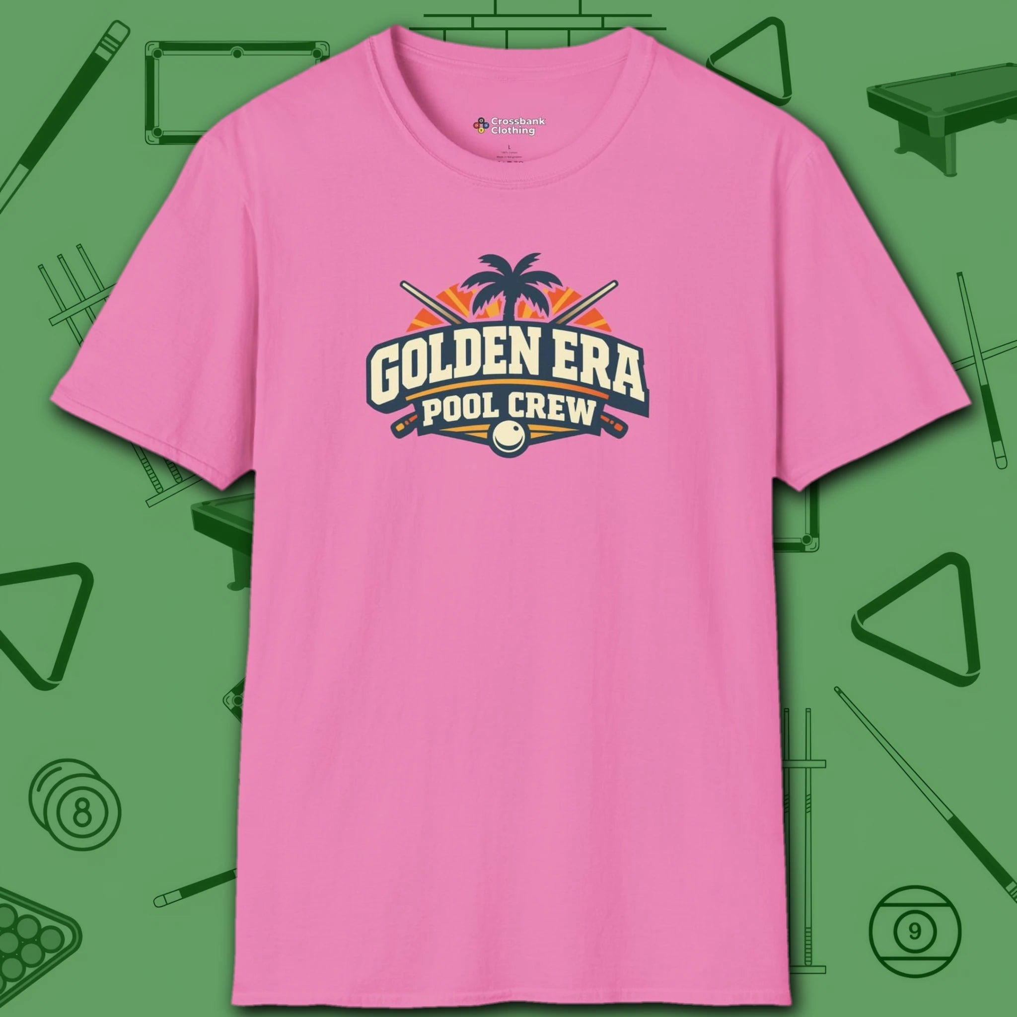 Golden Era Pool Crew T-Shirt, in Azalea color, billiards shirt, front view