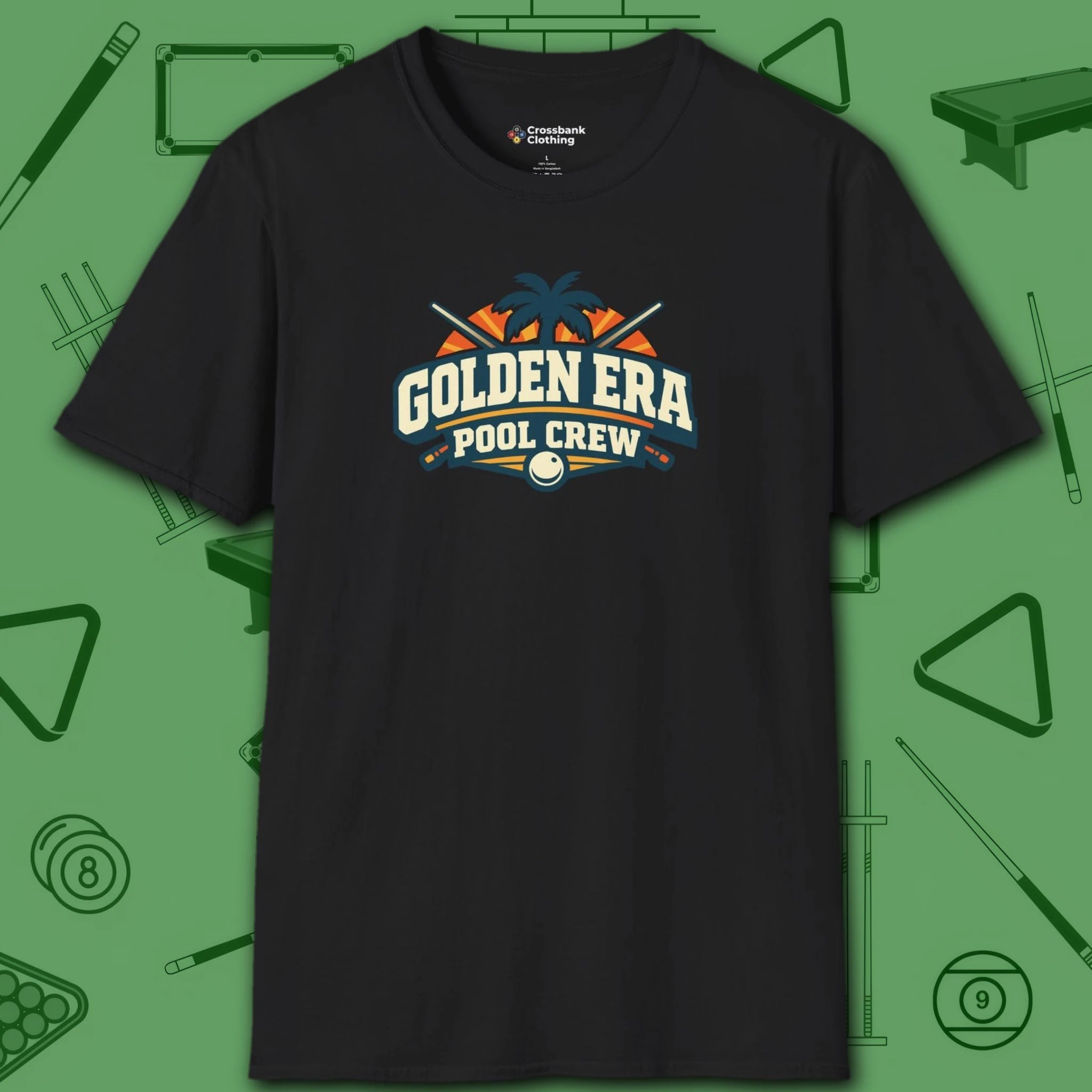 Golden Era Pool Crew T-Shirt, in Black color, billiards shirt, front view