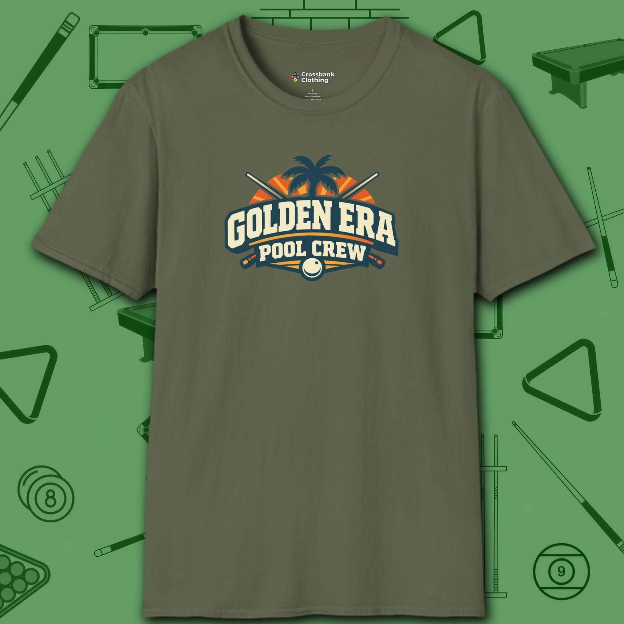 Golden Era Pool Crew T-Shirt, in Military Green color, billiards shirt, front view