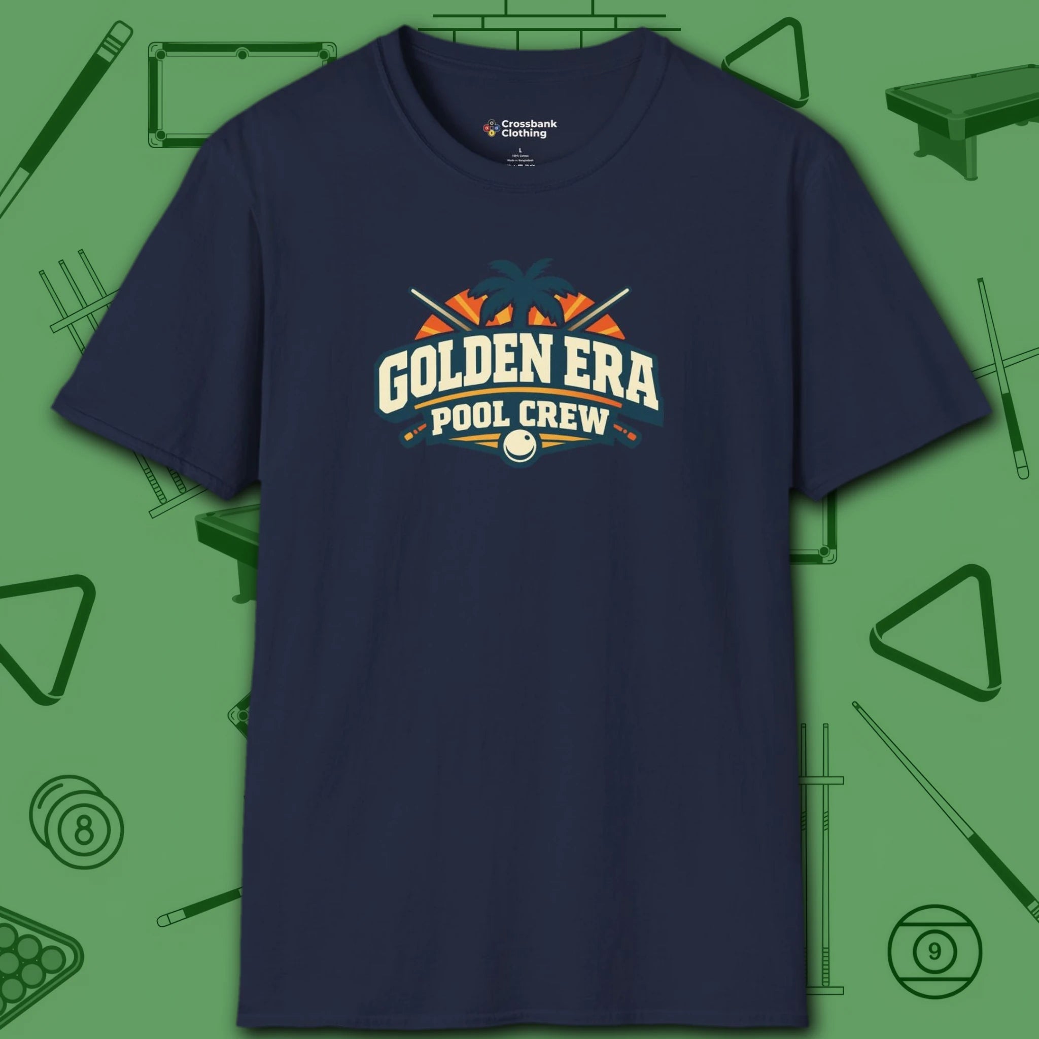 Golden Era Pool Crew T-Shirt, in Navy color, billiards shirt, front view