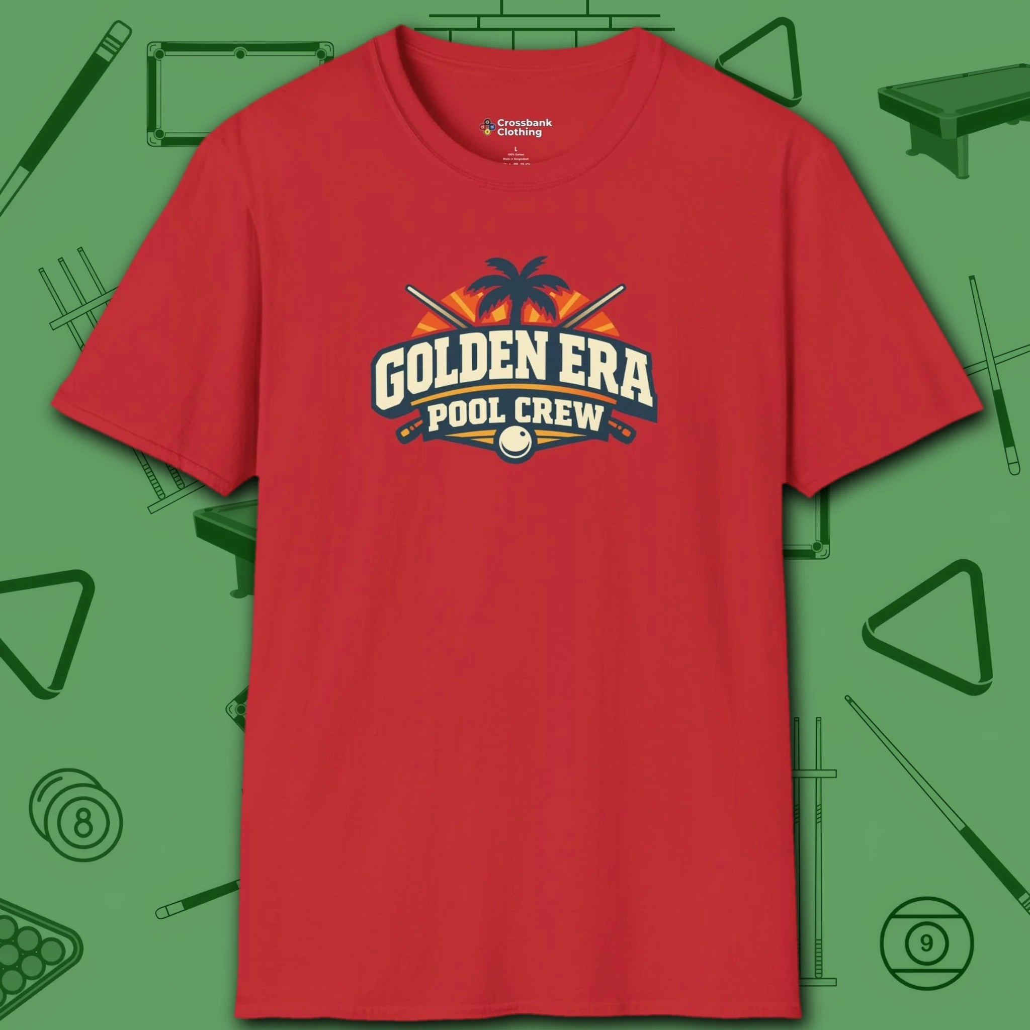 Golden Era Pool Crew T-Shirt, in Red color, billiards shirt, front view