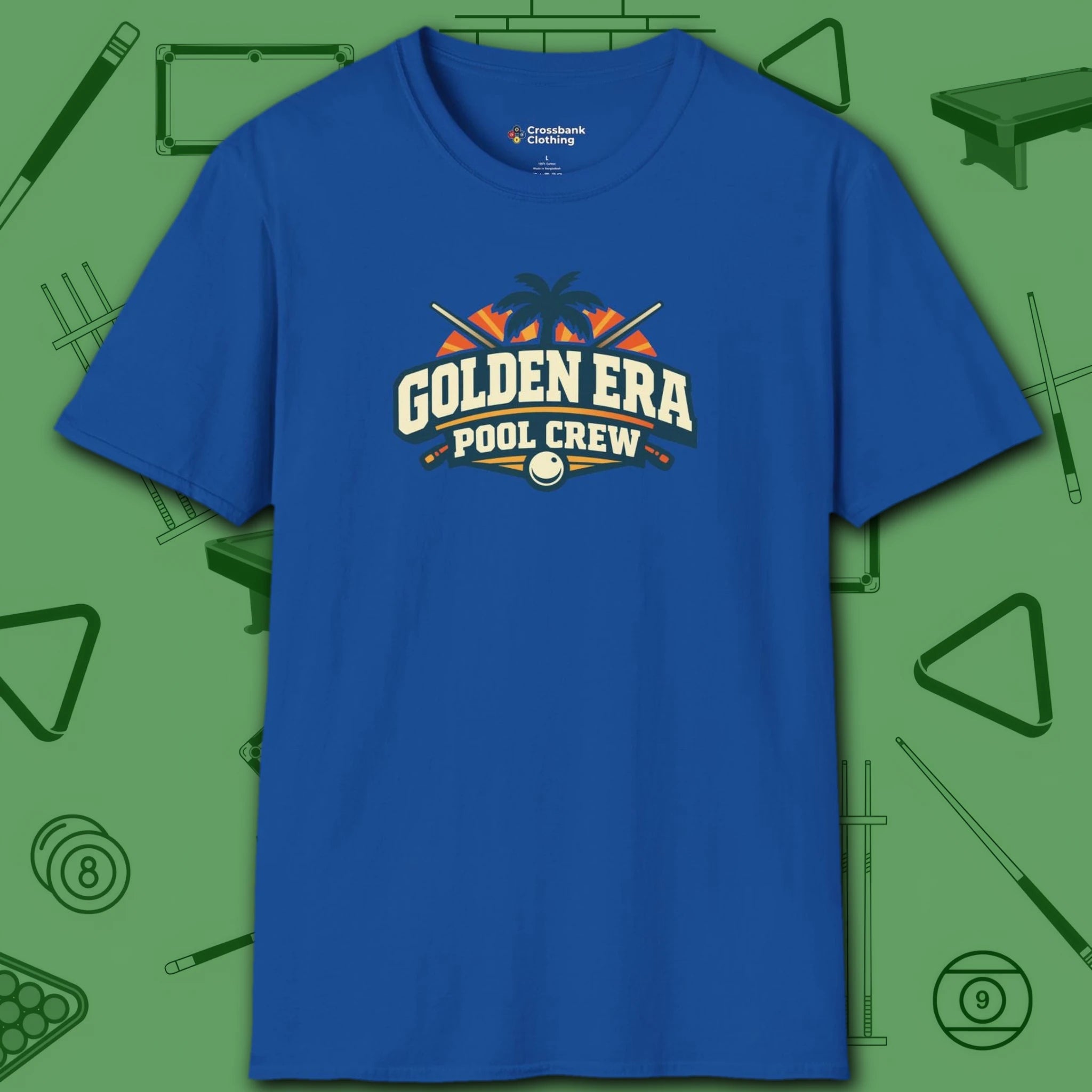 Golden Era Pool Crew T-Shirt, in Royal color, billiards shirt, front view