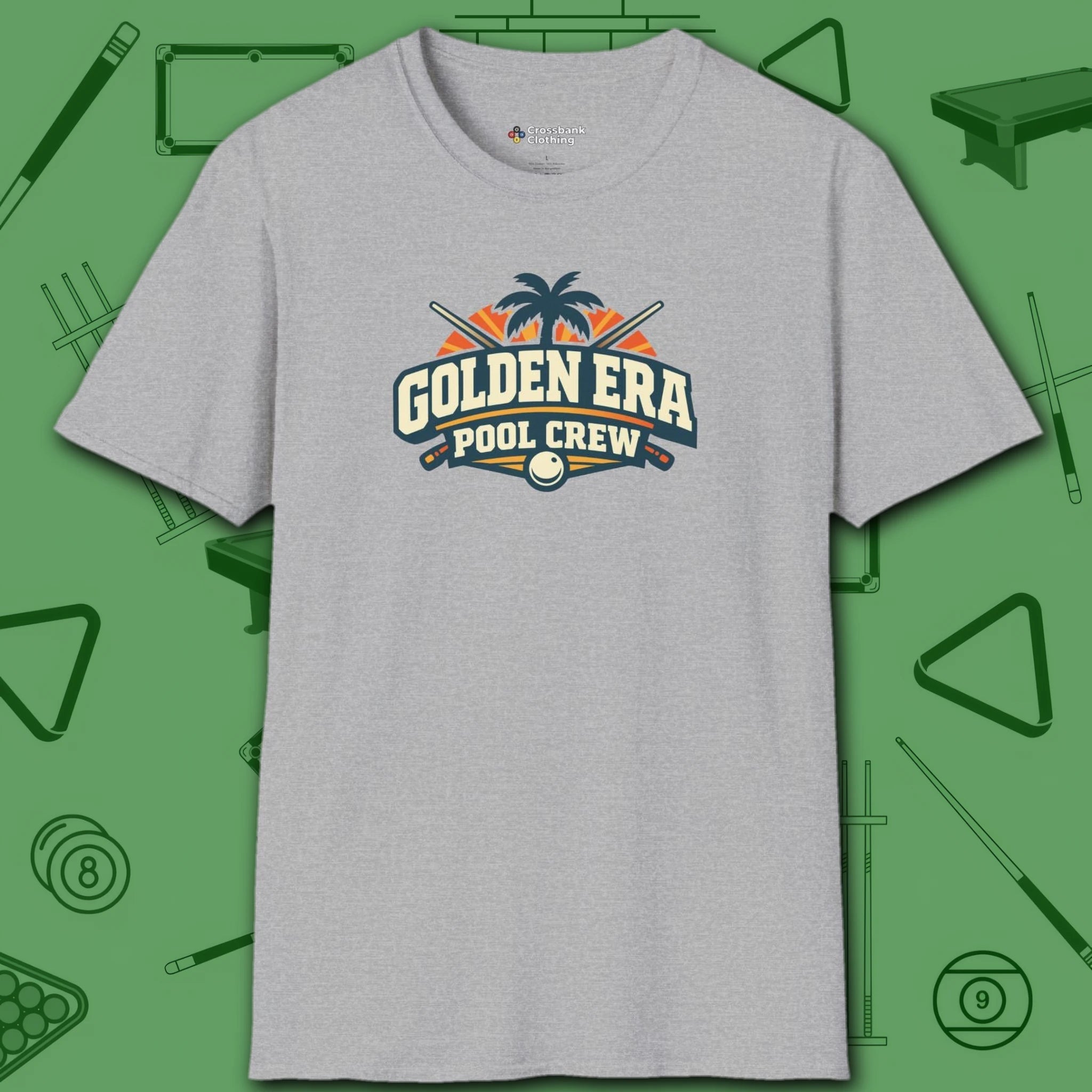 Golden Era Pool Crew T-Shirt, in Sport Grey color, billiards shirt, front view