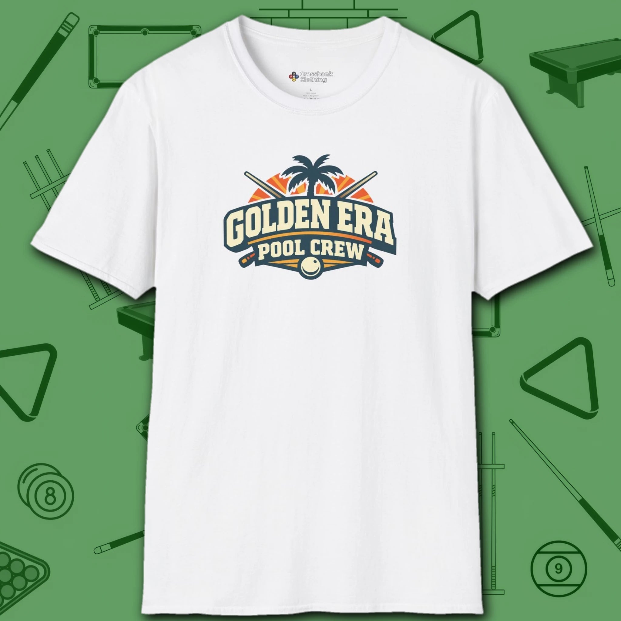 Golden Era Pool Crew T-Shirt, in White color, billiards shirt, front view