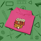 Good Rolls Only Hoodie, folded view, in Heliconia not your average 8-ball graphic tee