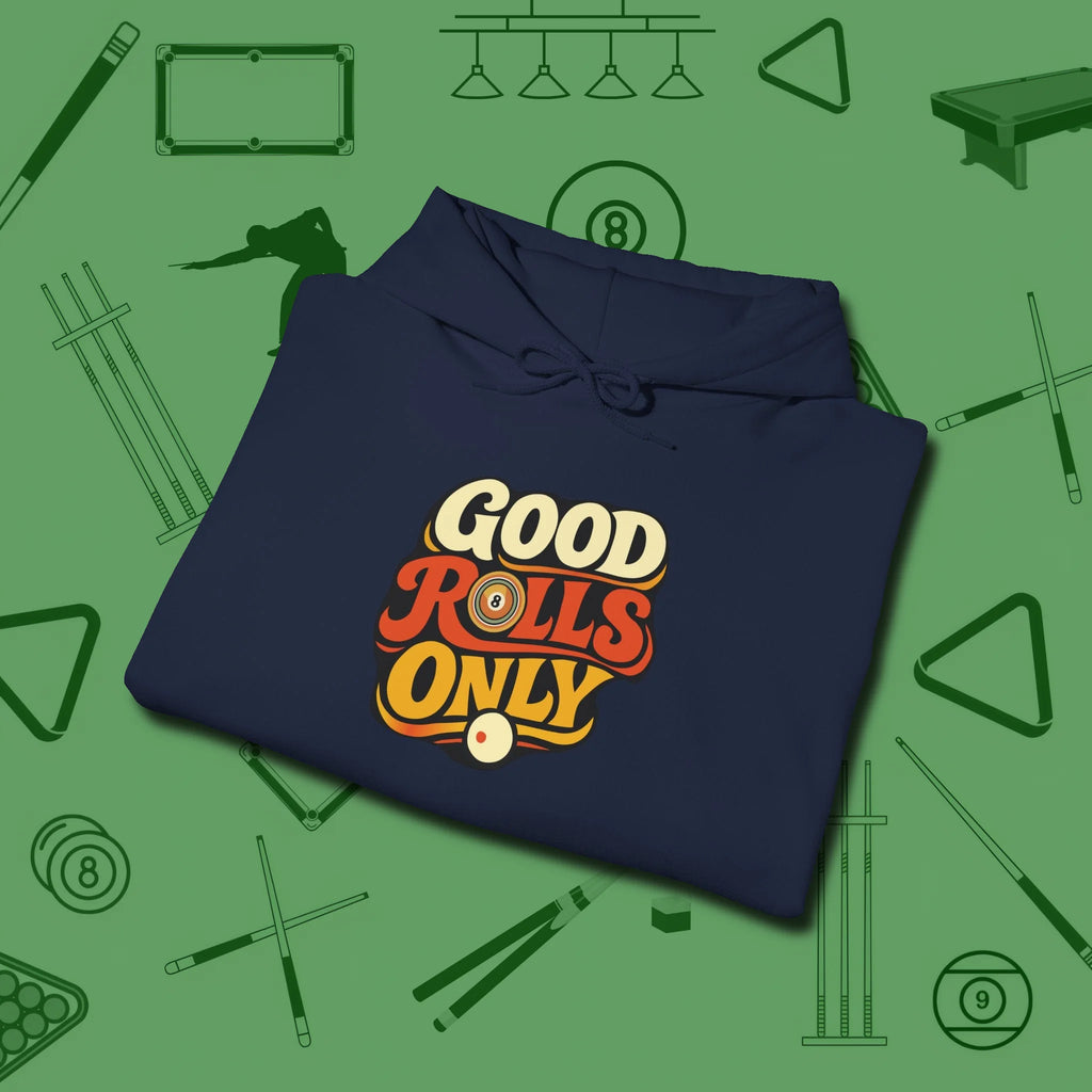 Good Rolls Only Hoodie, folded view, in Navy clean lines for dirty minds