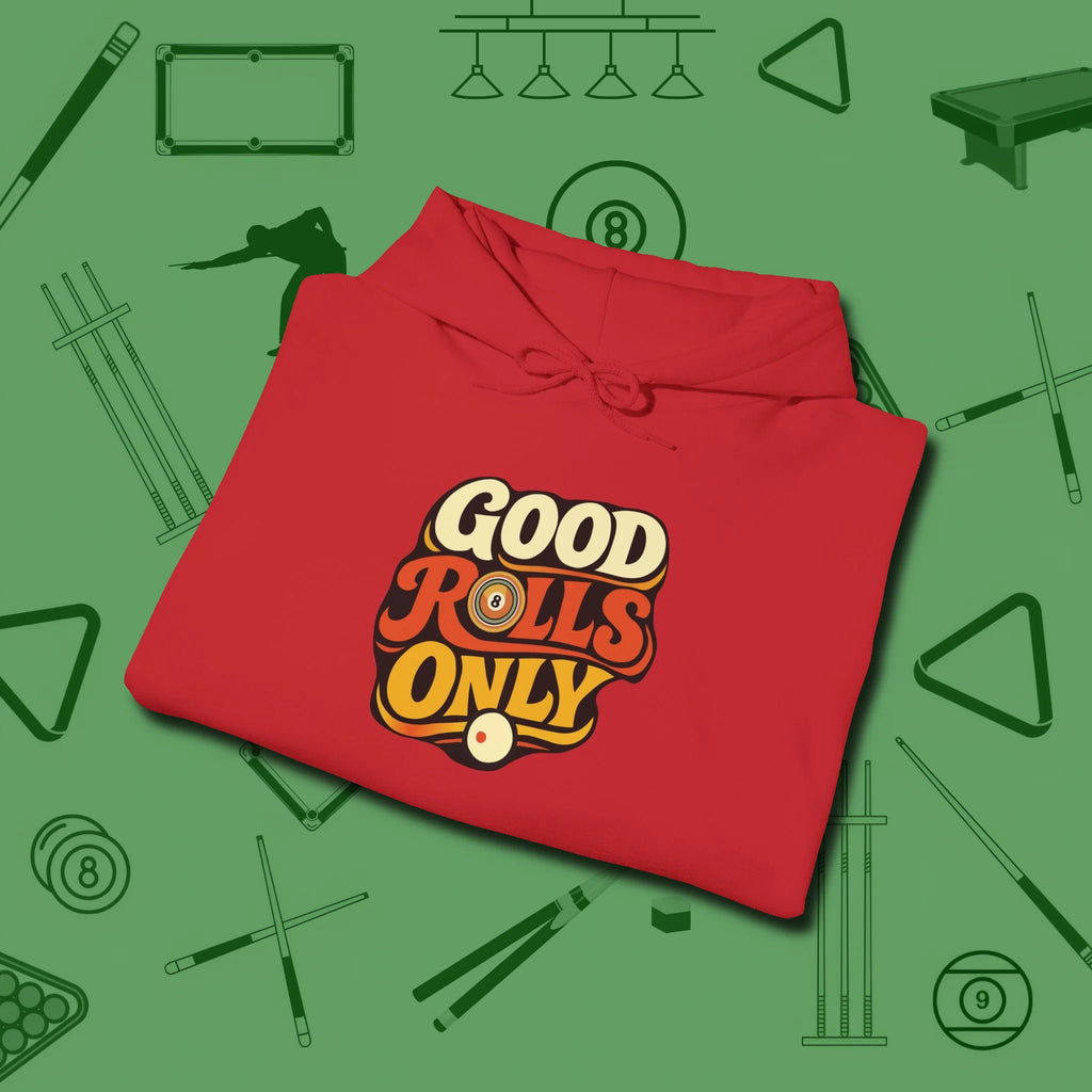 Good Rolls Only Hoodie, folded view, in Red because pool isn’t just a game — it’s who you are