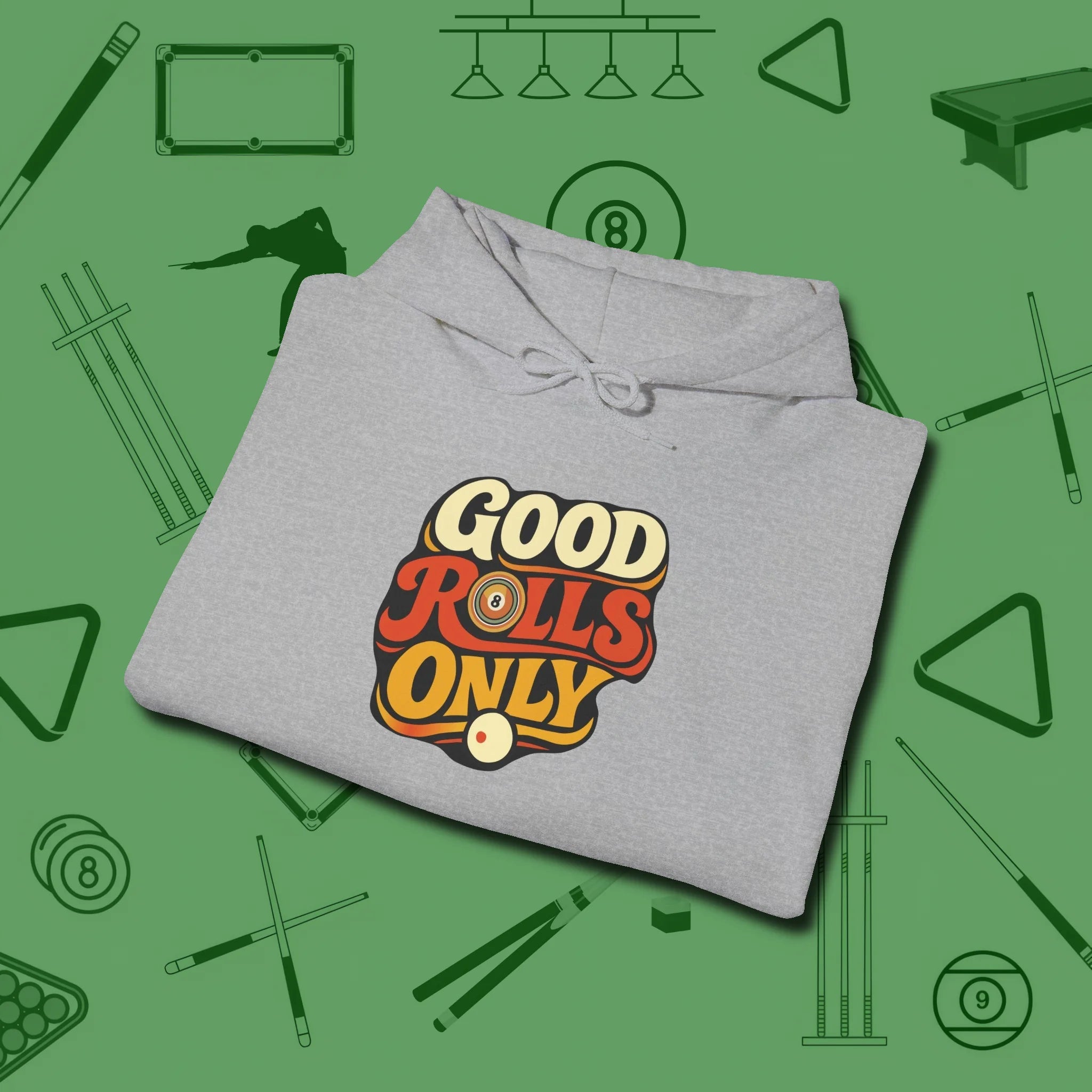 Good Rolls Only Hoodie, folded view, in Sport Grey like your stroke — smooth and deliberate