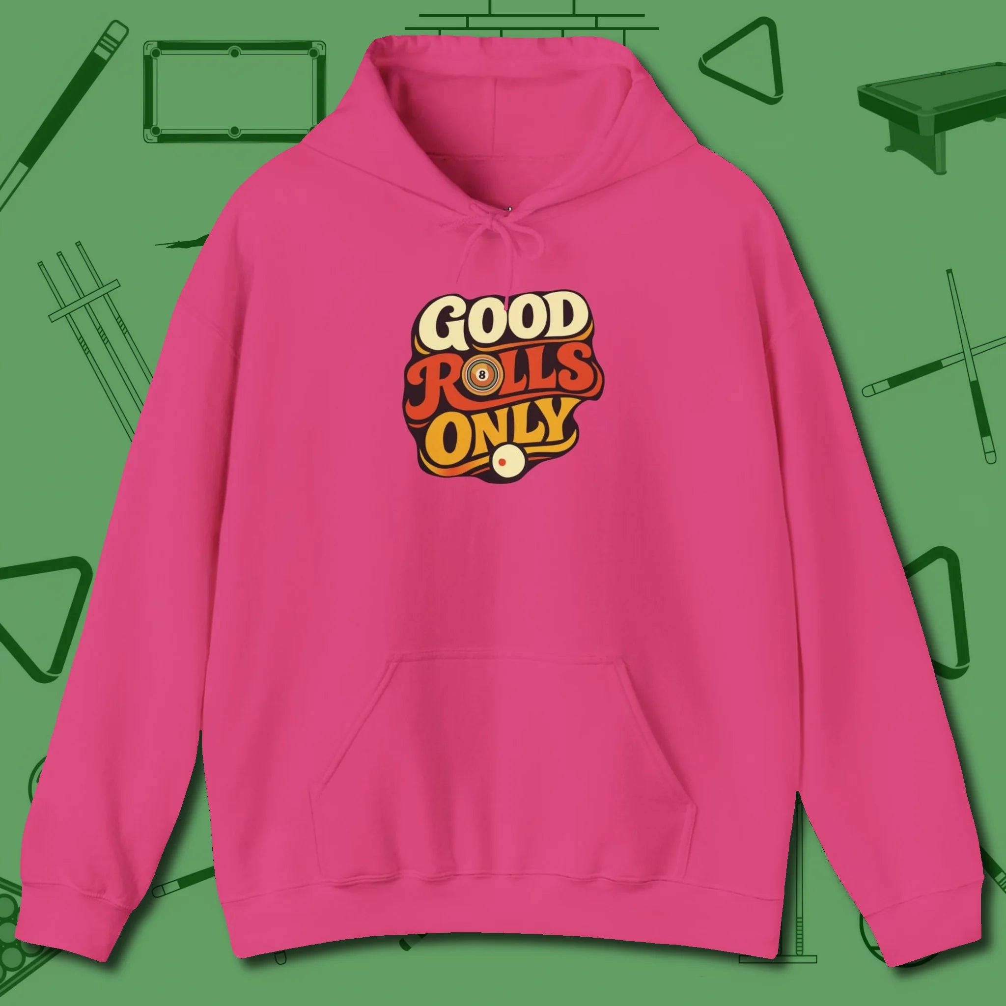 Good Rolls Only Hoodie, front view, in Heliconia perfect for players with quiet fire