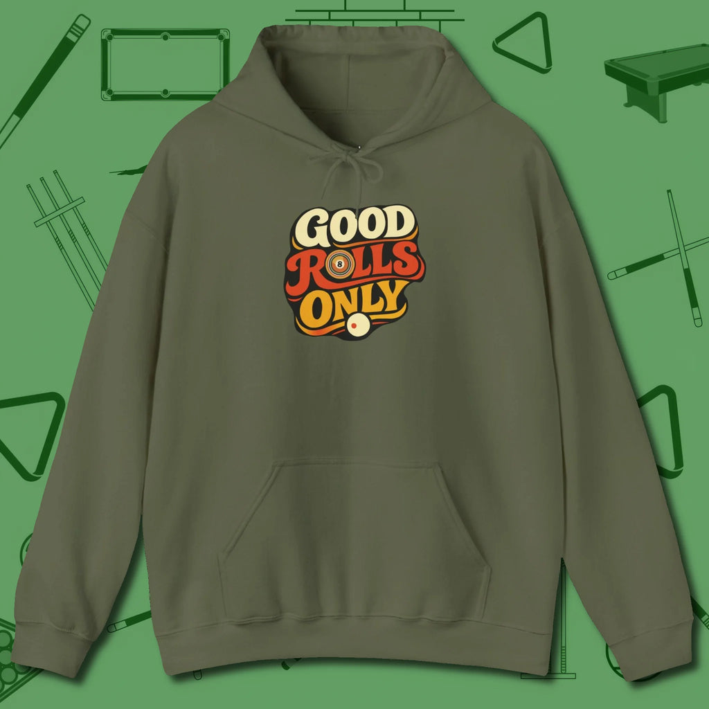 Good Rolls Only Hoodie, front view, in Military Green make every shot — and outfit — count
