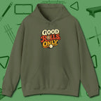 Good Rolls Only Hoodie, front view, in Military Green make every shot — and outfit — count