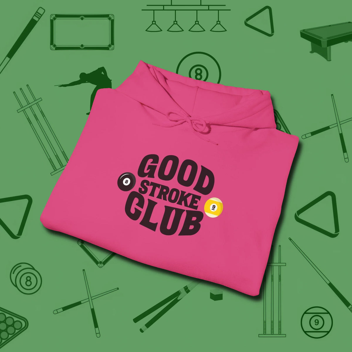 Good Stroke Club Hoodie, folded view, in Heliconia dress for the shot you want to take