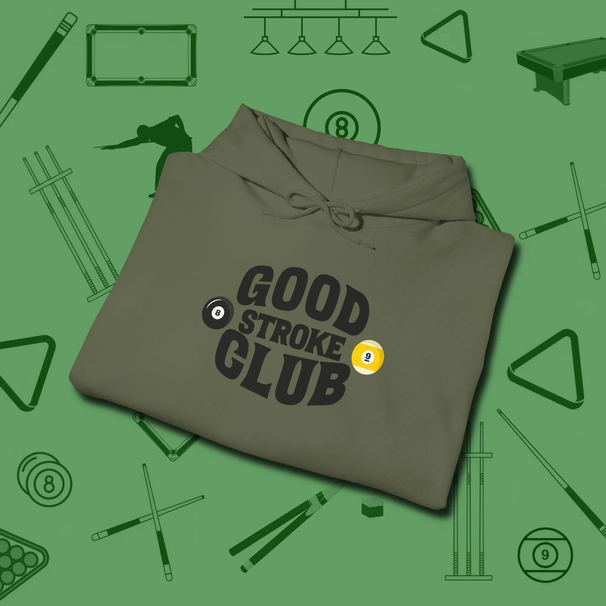 Good Stroke Club Hoodie, folded view, in Military Green not your average 8-ball graphic tee