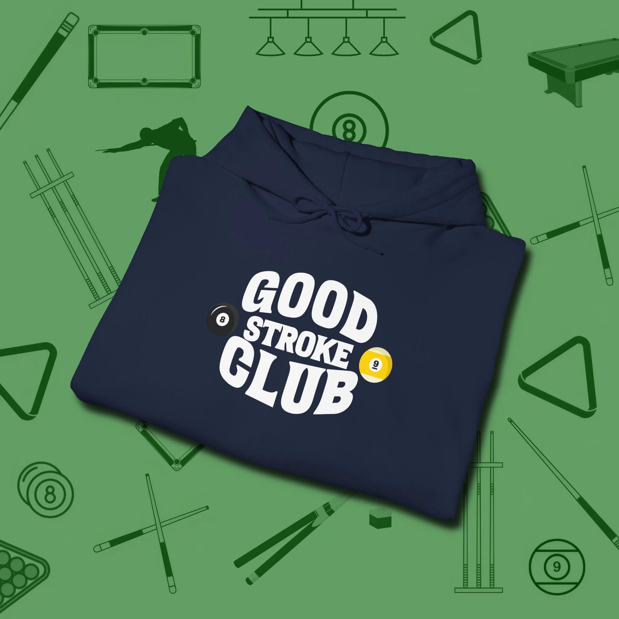 Good Stroke Club Hoodie, folded view, in Navy cool under pressure, hot on the eyes