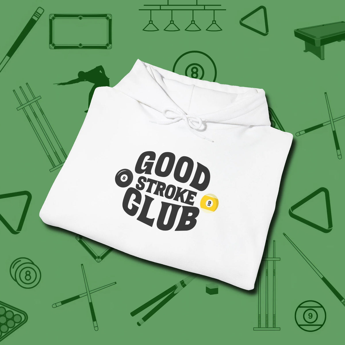 Good Stroke Club Hoodie, folded view, in White because the table is your battlefield