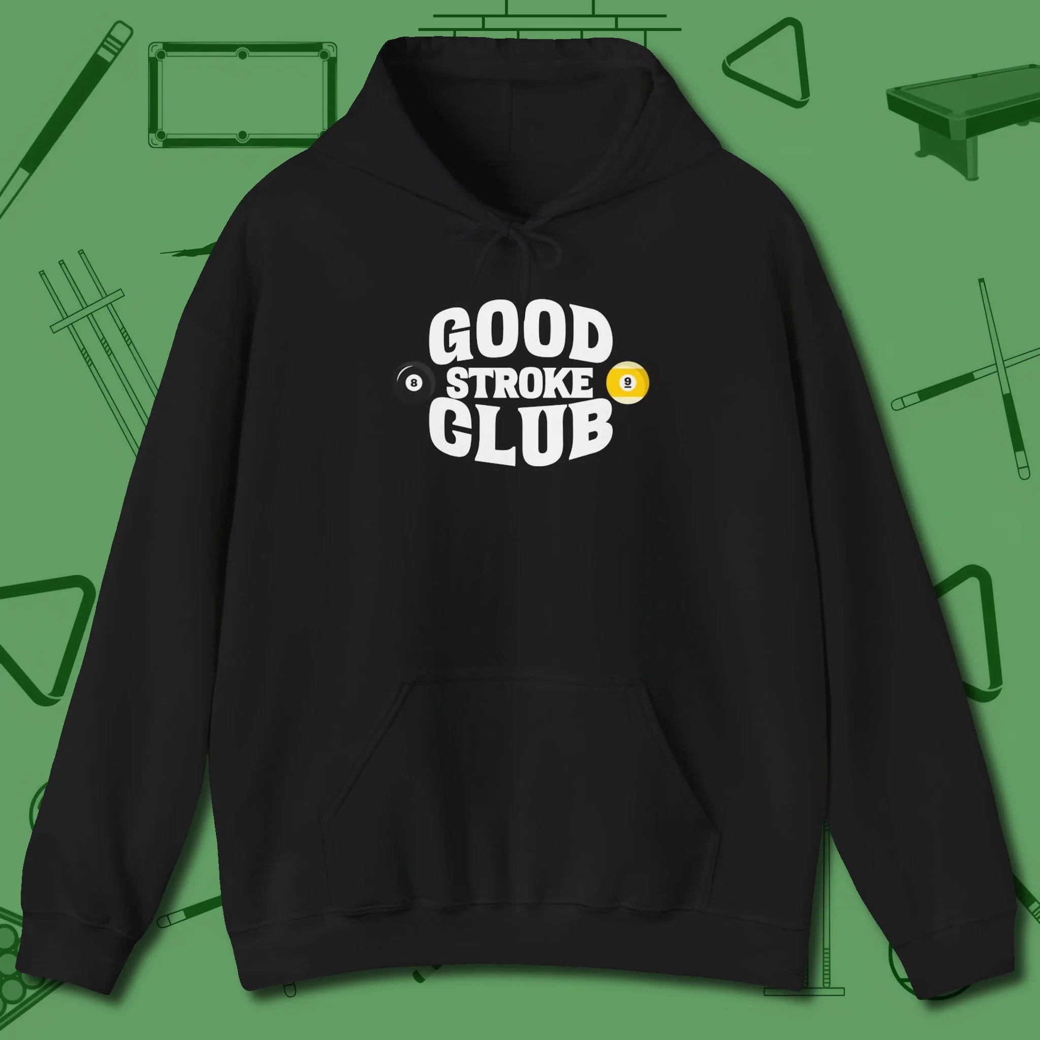 Good Stroke Club Hoodie, front view, in Black designed for dead stroke and deadpan looks