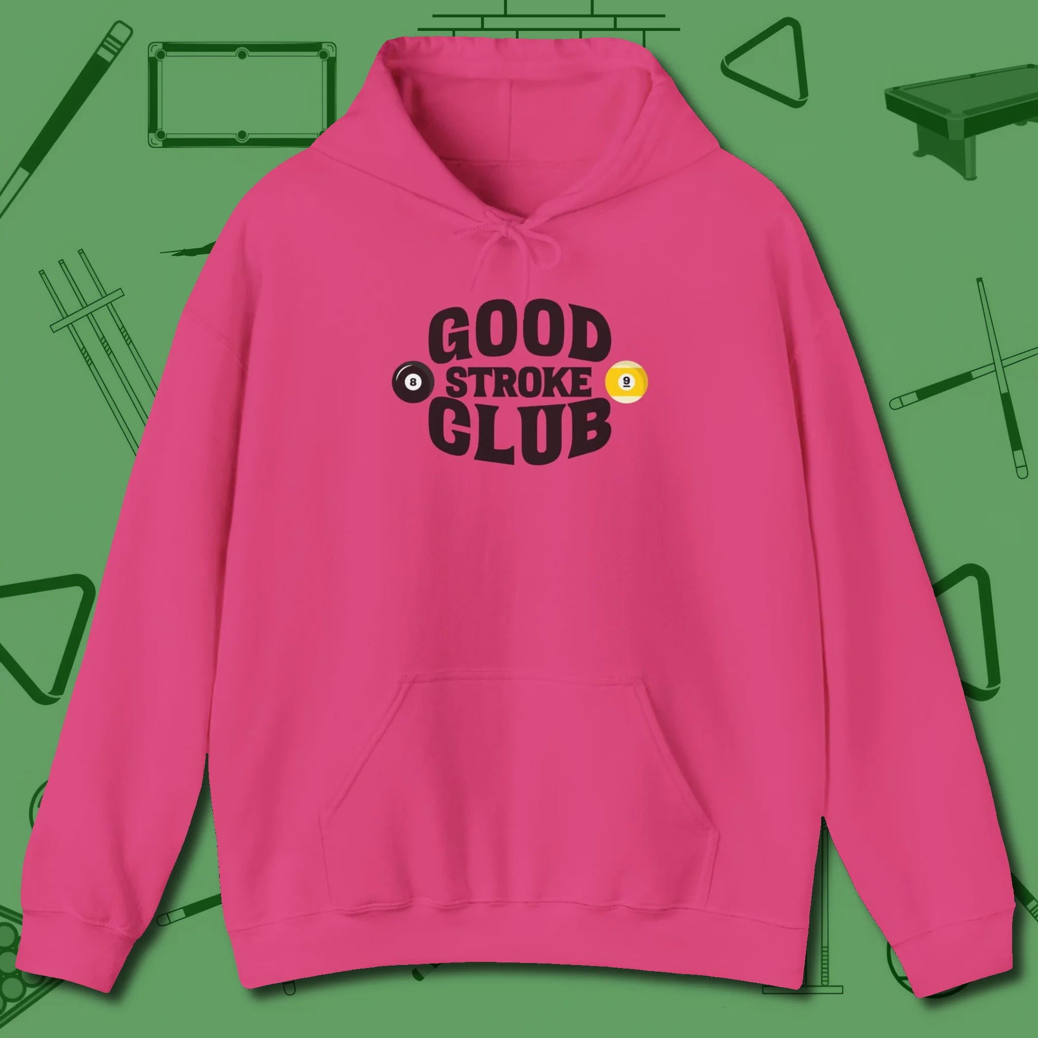 Good Stroke Club Hoodie, front view, in Heliconia for players who live the game