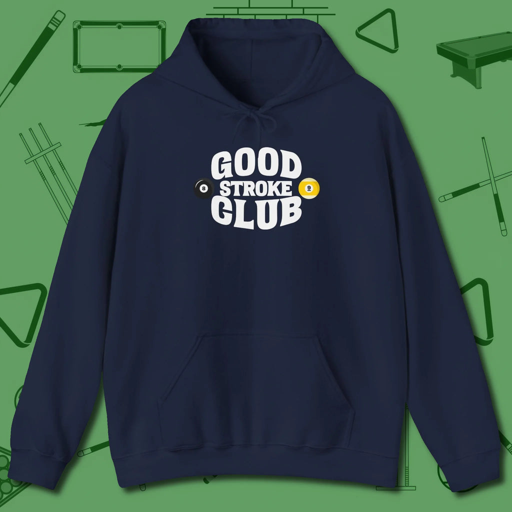 Good Stroke Club Hoodie, front view, in Navy fashion with break-and-run energy