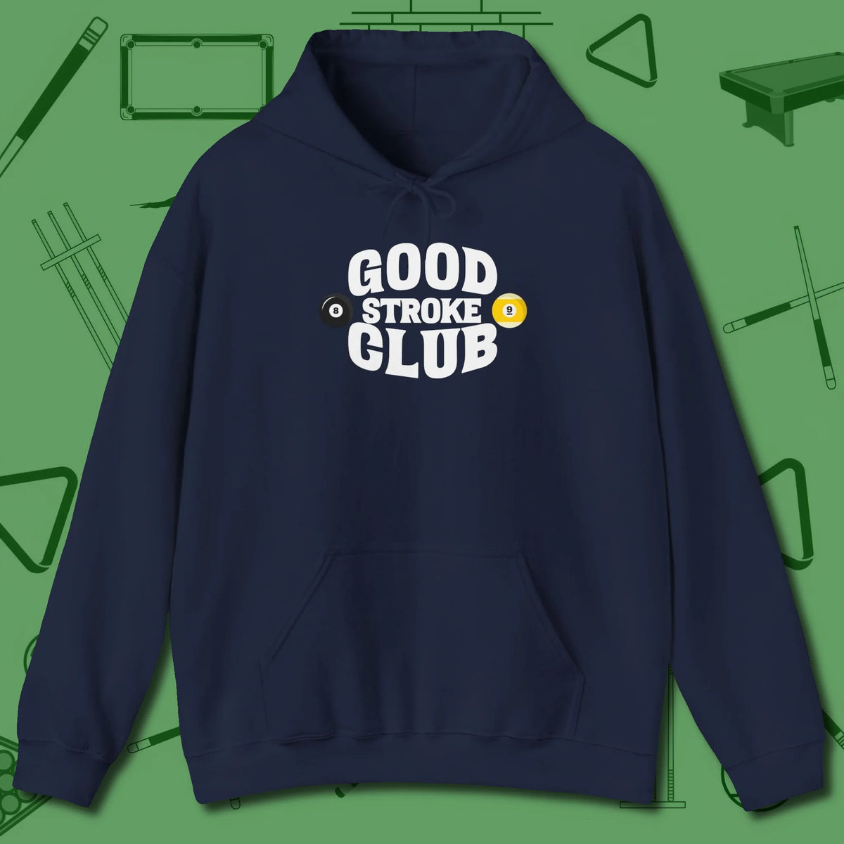 Good Stroke Club Hoodie, front view, in Navy fashion with break-and-run energy