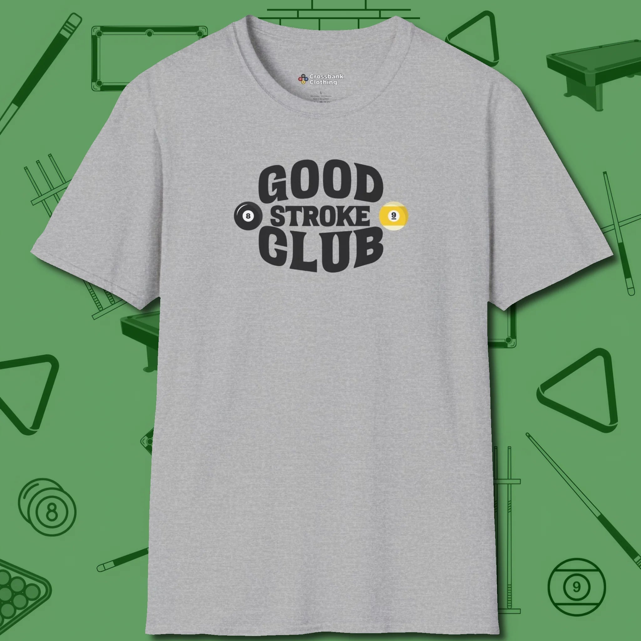Good Stroke Club T-Shirt, front view, in Sport Grey subtle drip for serious shooters