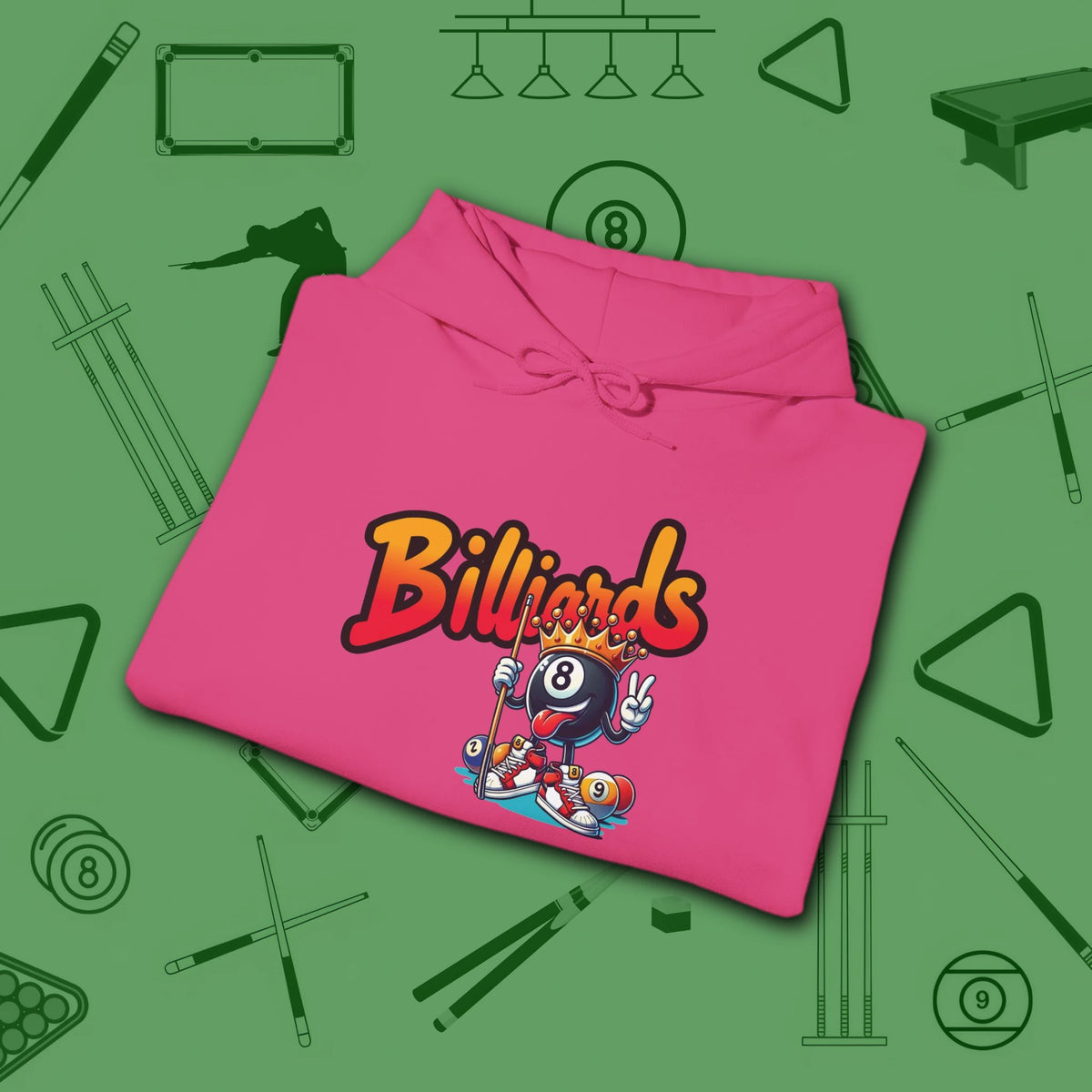 Graffiti Billiards Hoodie, in Heliconia color, pool hoodie, folded view