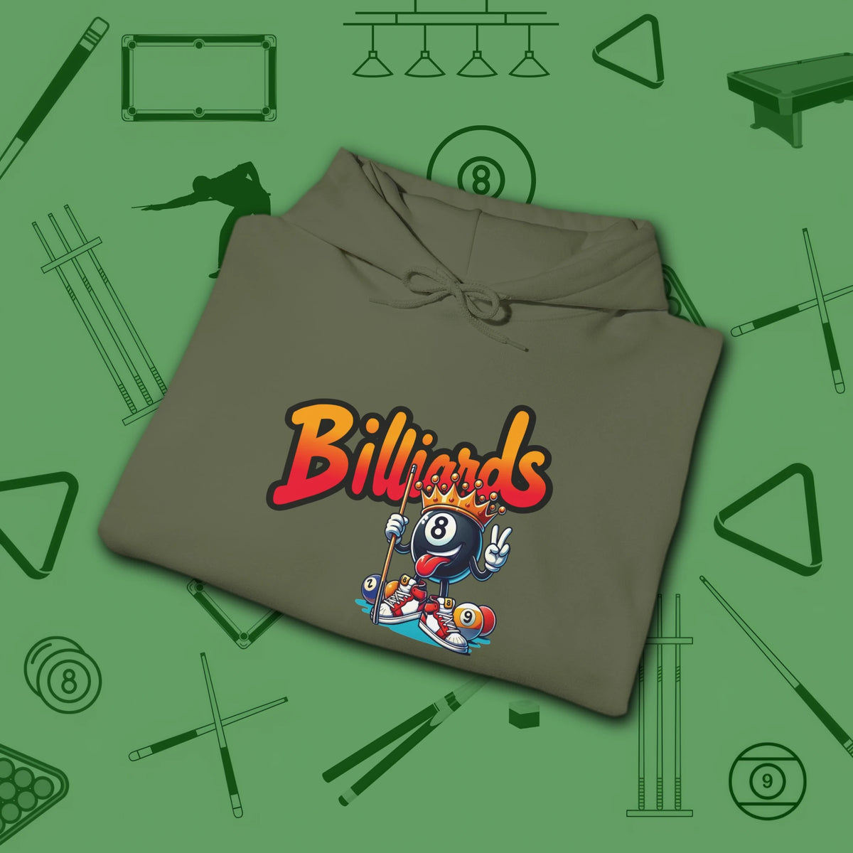 Graffiti Billiards Hoodie, in Military Green color, pool hoodie, folded view
