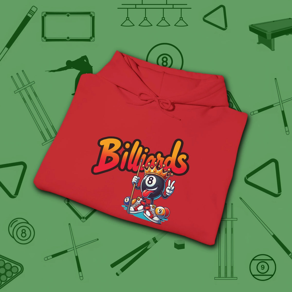 Graffiti Billiards Hoodie, in Red color, pool hoodie, folded view