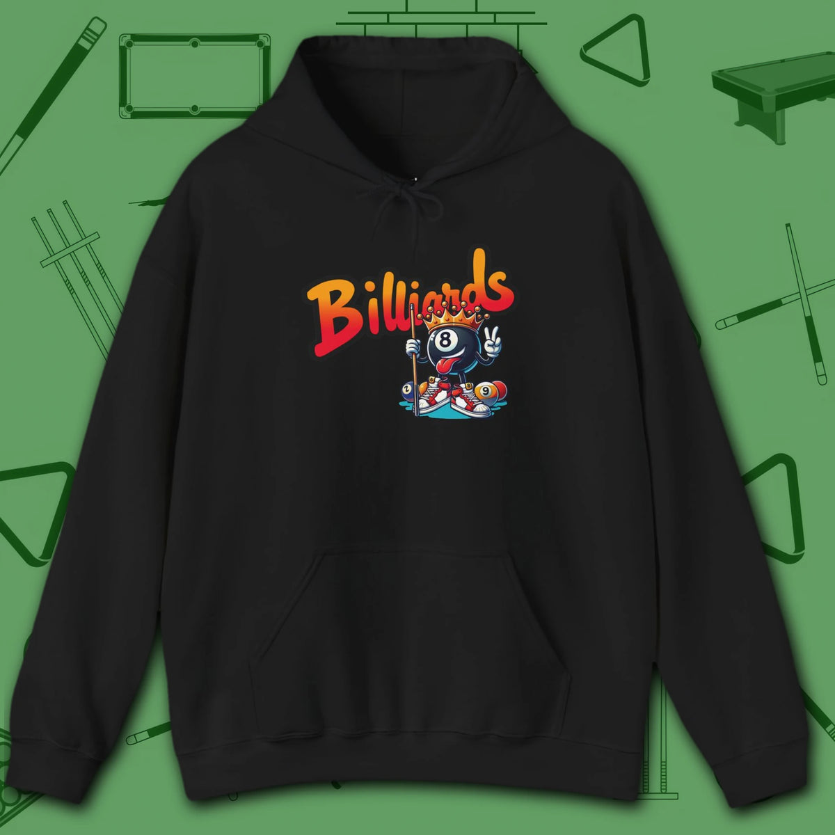 Graffiti Billiards Hoodie, in Black color, pool hoodie, front view