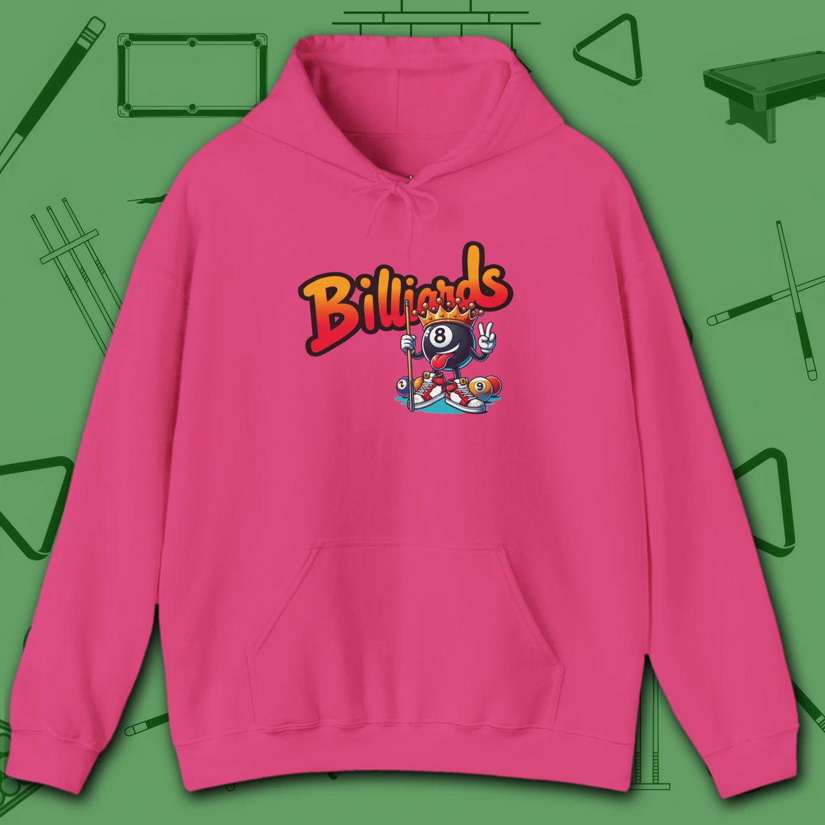 Graffiti Billiards Hoodie, in Heliconia color, pool hoodie, front view