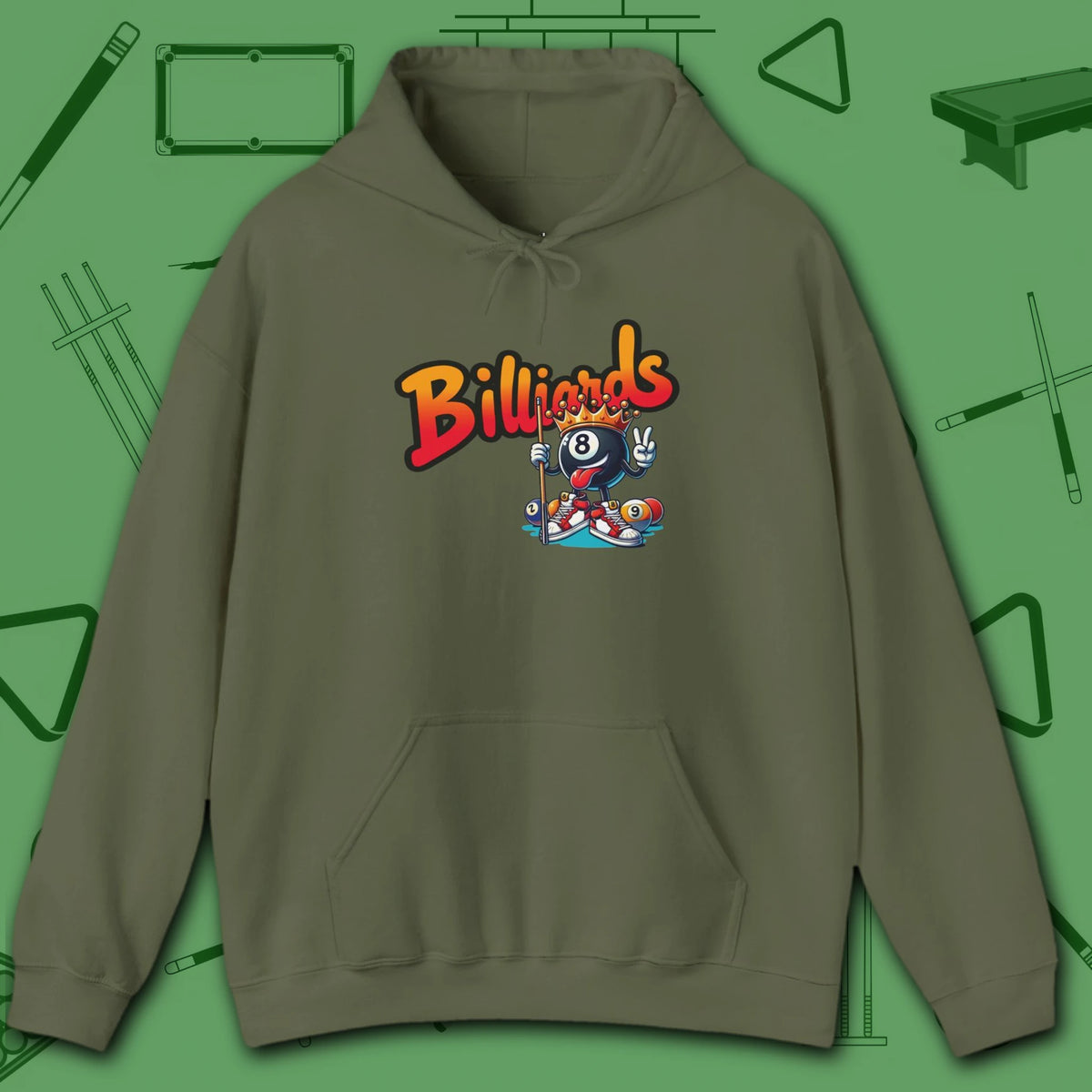Graffiti Billiards Hoodie, in Military Green color, pool hoodie, front view
