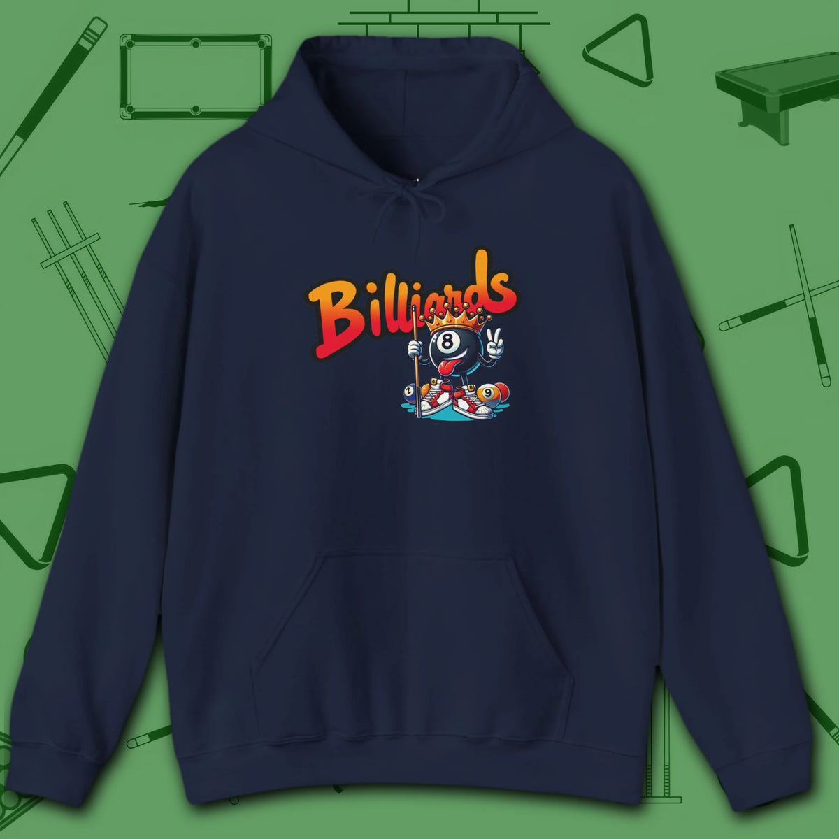 Graffiti Billiards Hoodie, in Navy color, pool hoodie, front view