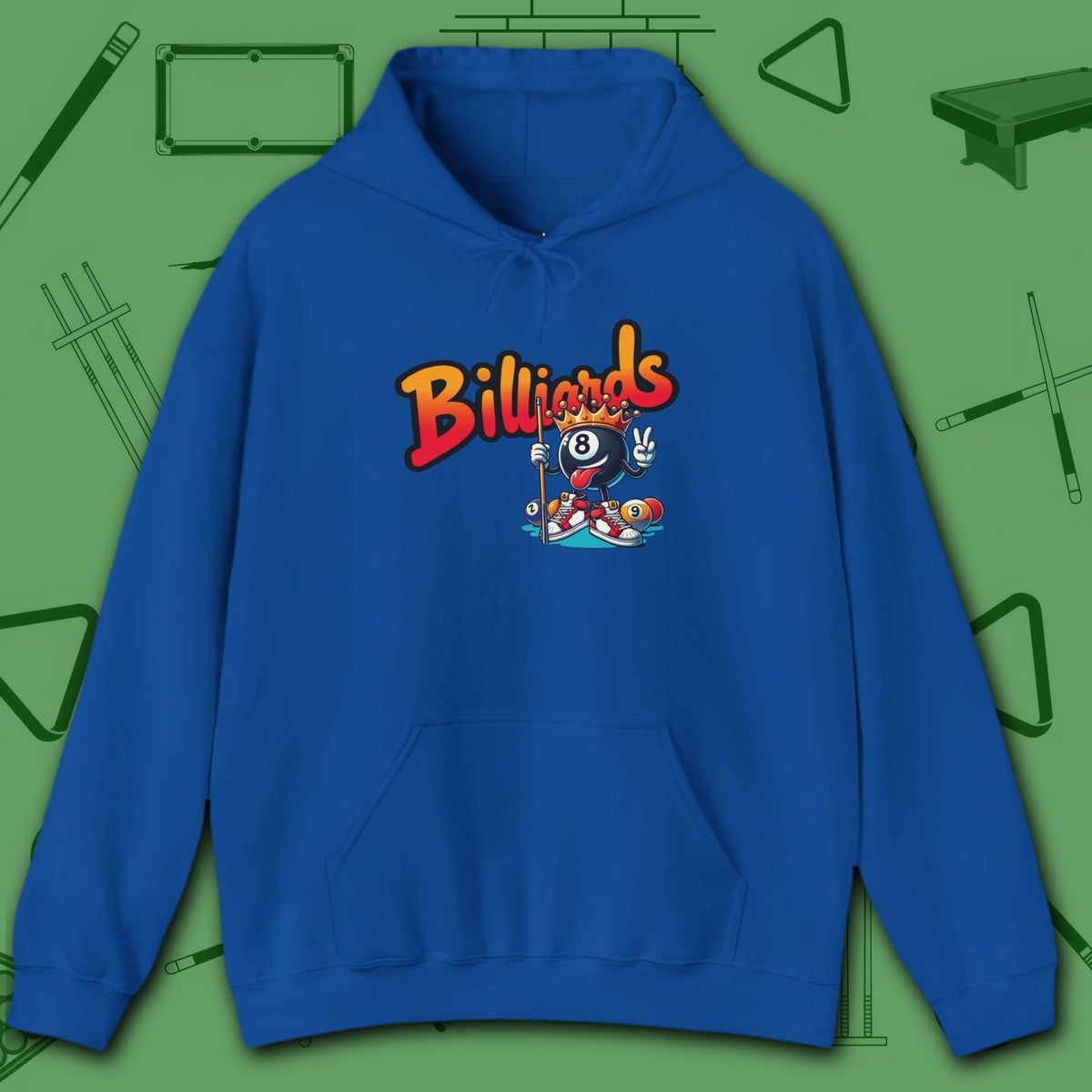 Graffiti Billiards Hoodie, in Royal color, pool hoodie, front view