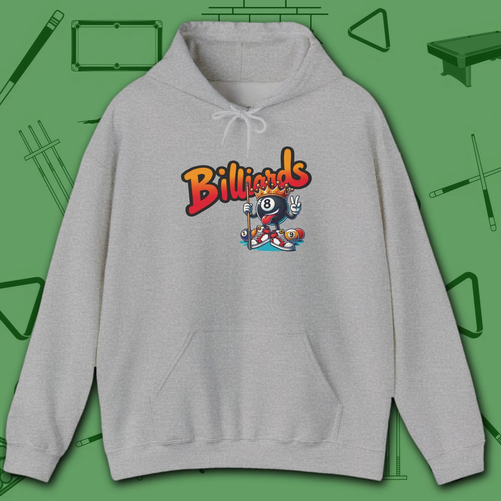 Graffiti Billiards Hoodie, in Sport Grey color, pool hoodie, front view