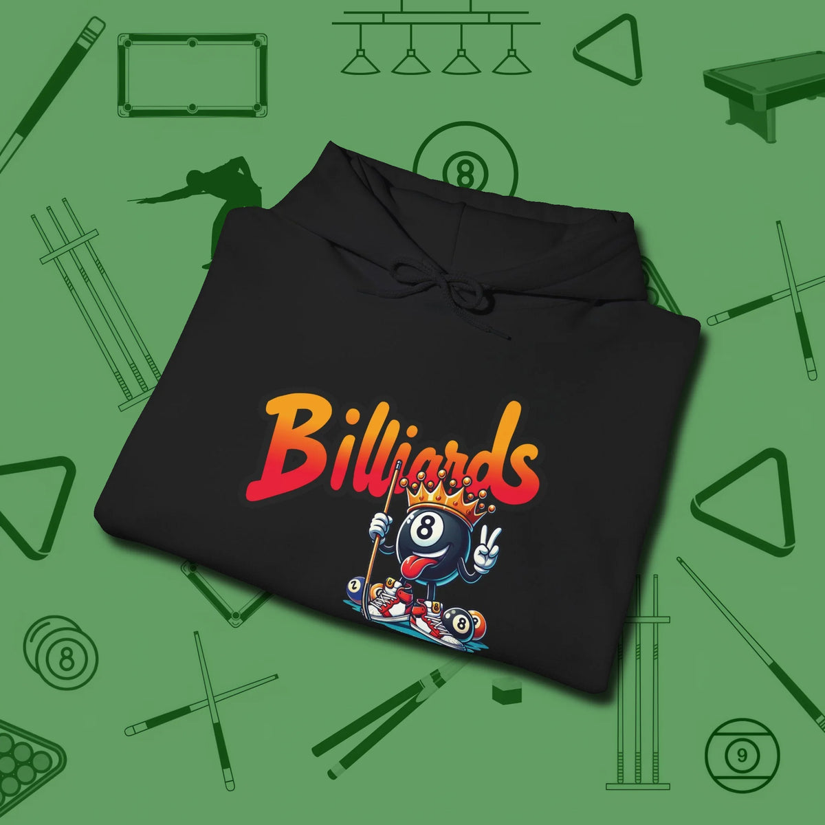 Graffiti Billiards Hoodie, folded view, in Black clean lines for dirty minds