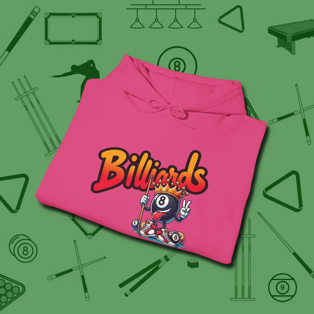 Graffiti Billiards Hoodie, folded view, in Heliconia confidence stitched in every seam
