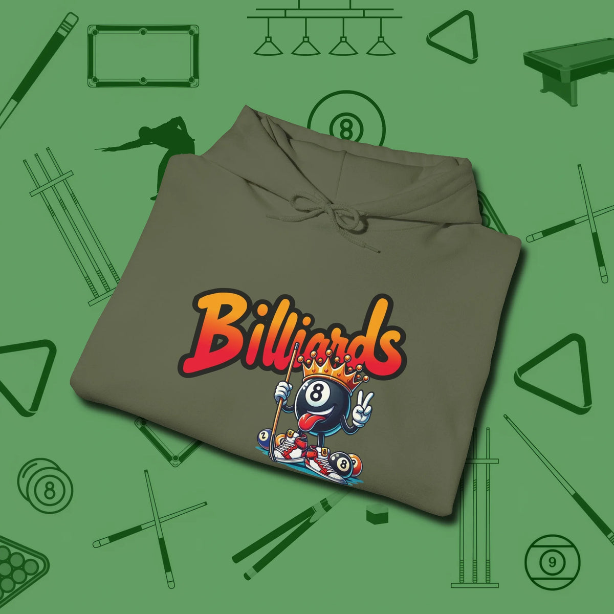 Graffiti Billiards Hoodie, folded view, in Military Green attitude built for the long haul