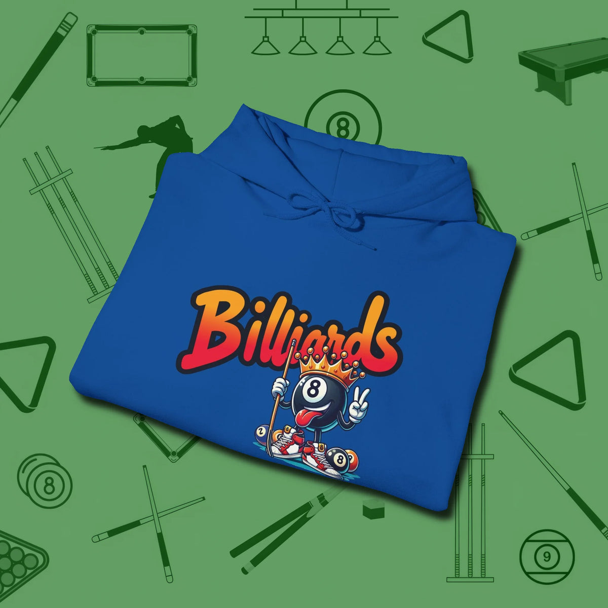 Graffiti Billiards Hoodie, folded view, in Royal where cue control meets personal style