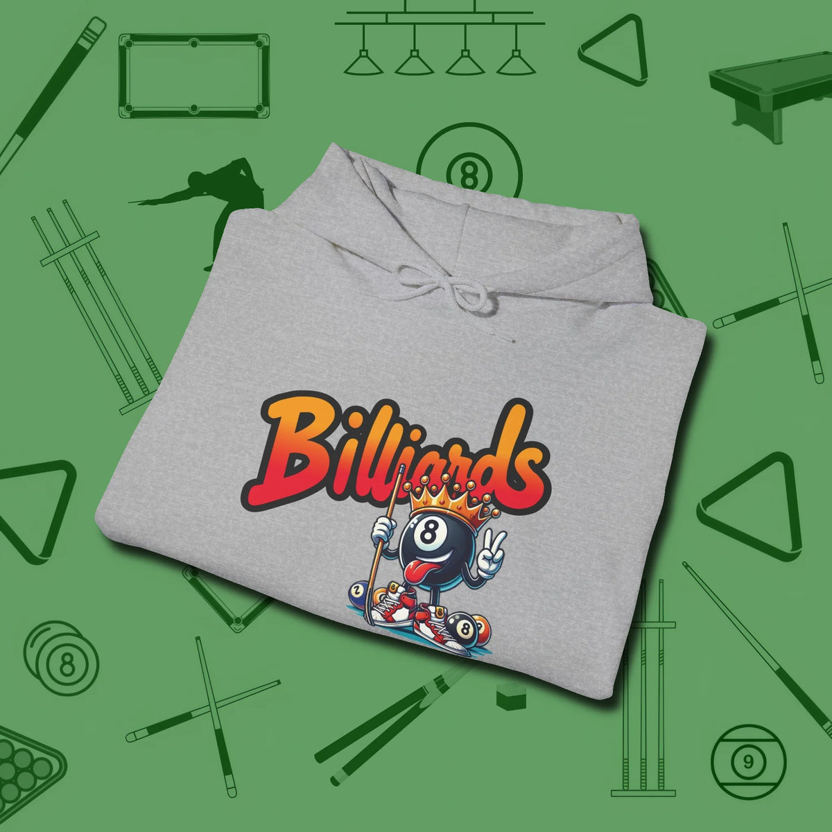 Graffiti Billiards Hoodie, folded view, in Sport Grey cue up respect every time you wear it