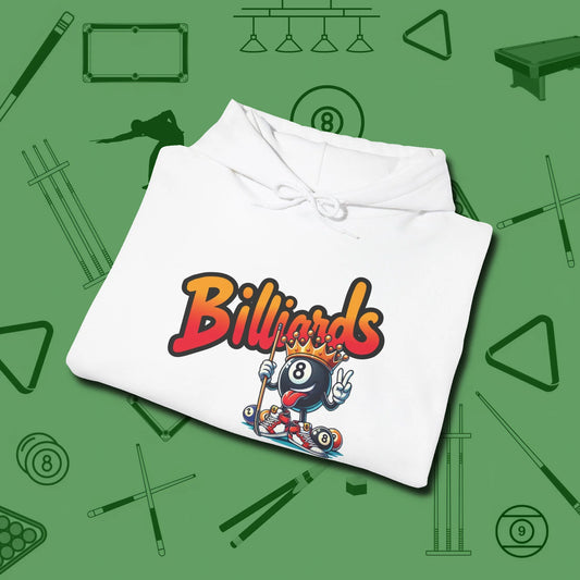 Graffiti Billiards Hoodie, folded view, in White classic cue style, no gimmicks