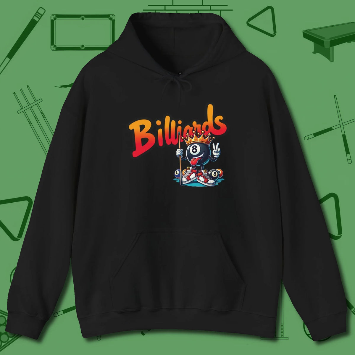 Graffiti Billiards Hoodie, front view, in Black classic cue style, no gimmicks