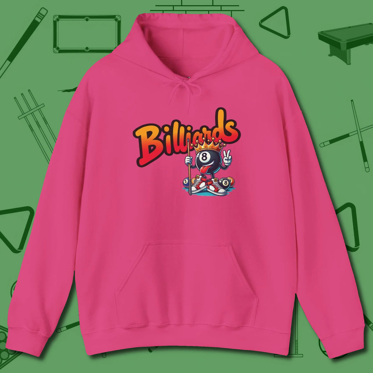 Graffiti Billiards Hoodie, front view, in Heliconia earns respect before the first shot