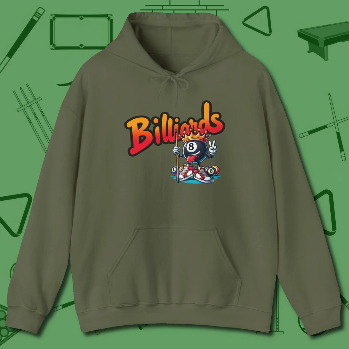 Graffiti Billiards Hoodie, front view, in Military Green what champions wear between racks