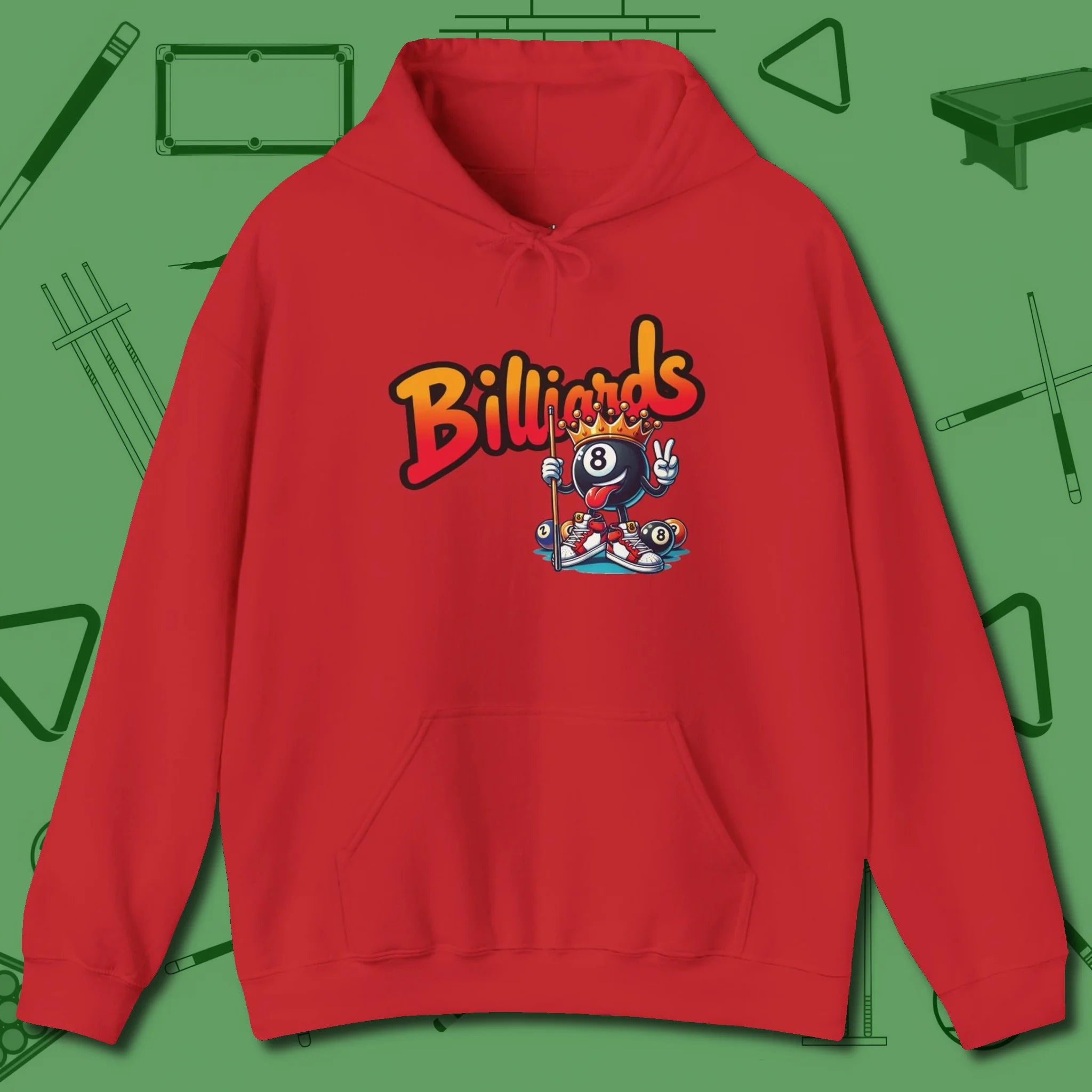 Graffiti Billiards Hoodie, front view, in Red make every shot — and outfit — count