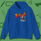 Graffiti Billiards Hoodie, front view, in Royal for shooters who dress like they play: sharp