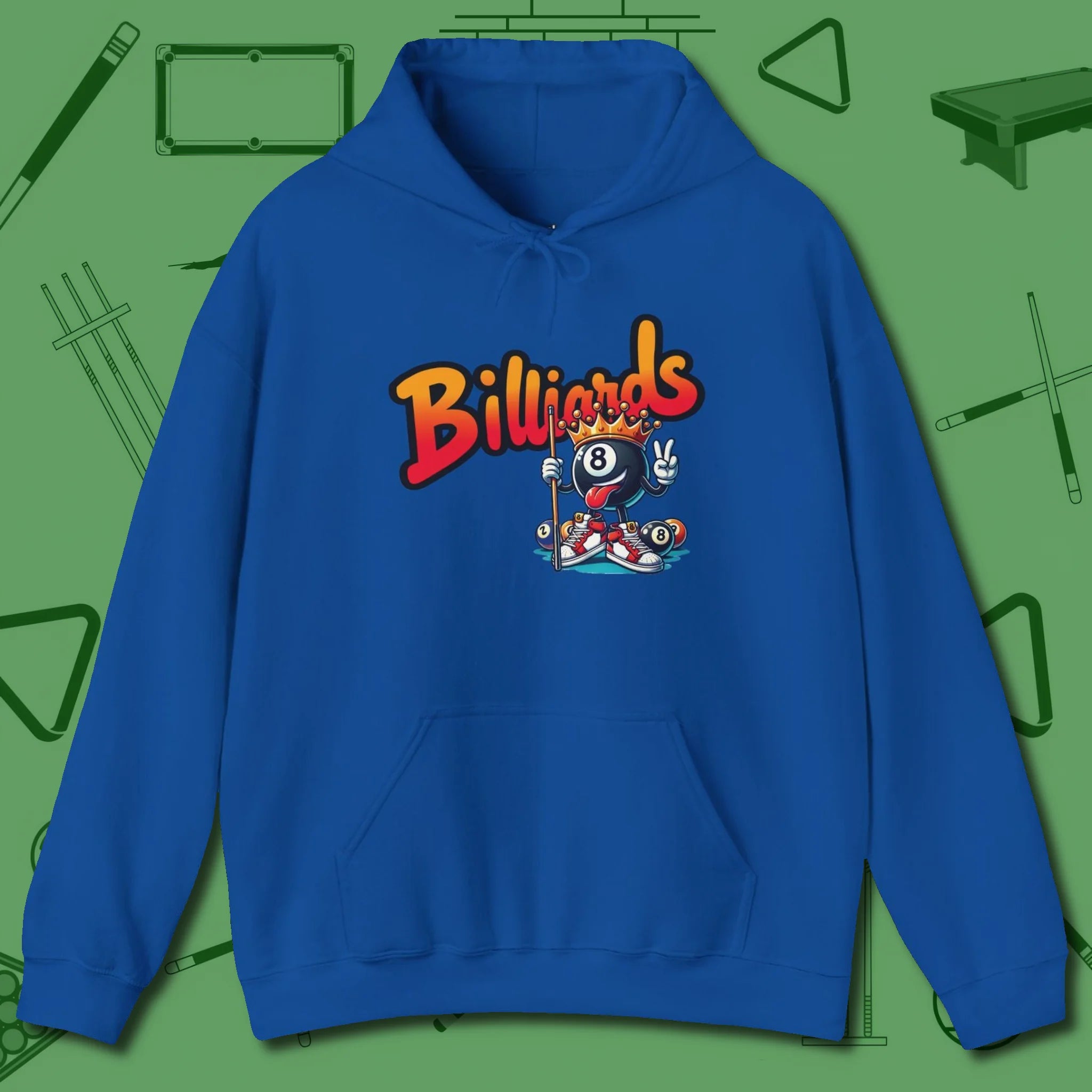 Graffiti Billiards Hoodie, front view, in Royal for shooters who dress like they play: sharp