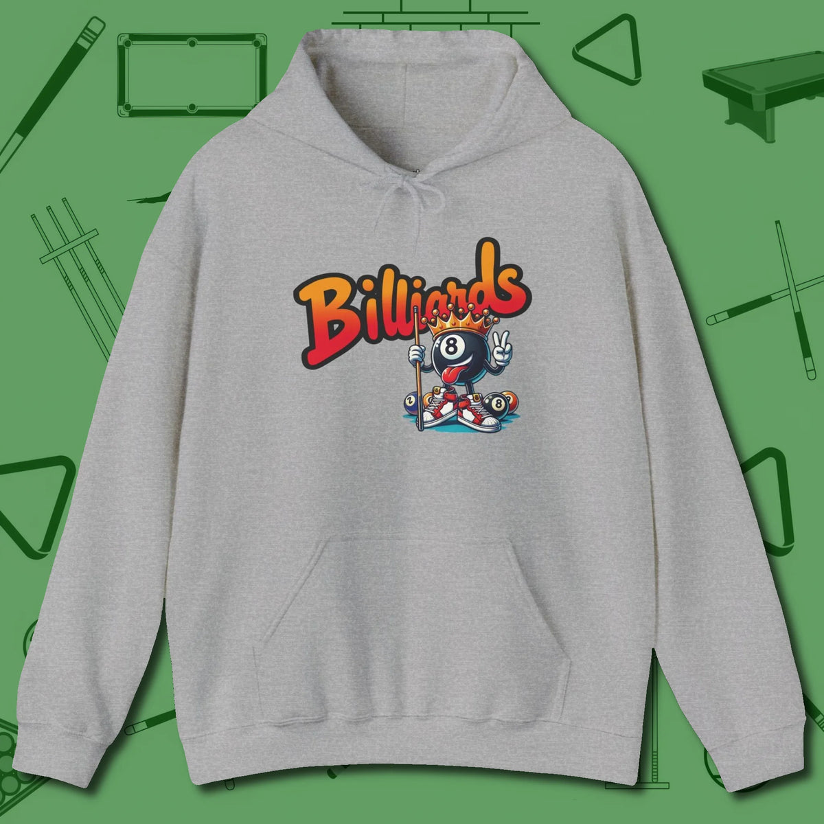 Graffiti Billiards Hoodie, front view, in Sport Grey ideal for clean hits and clean fits