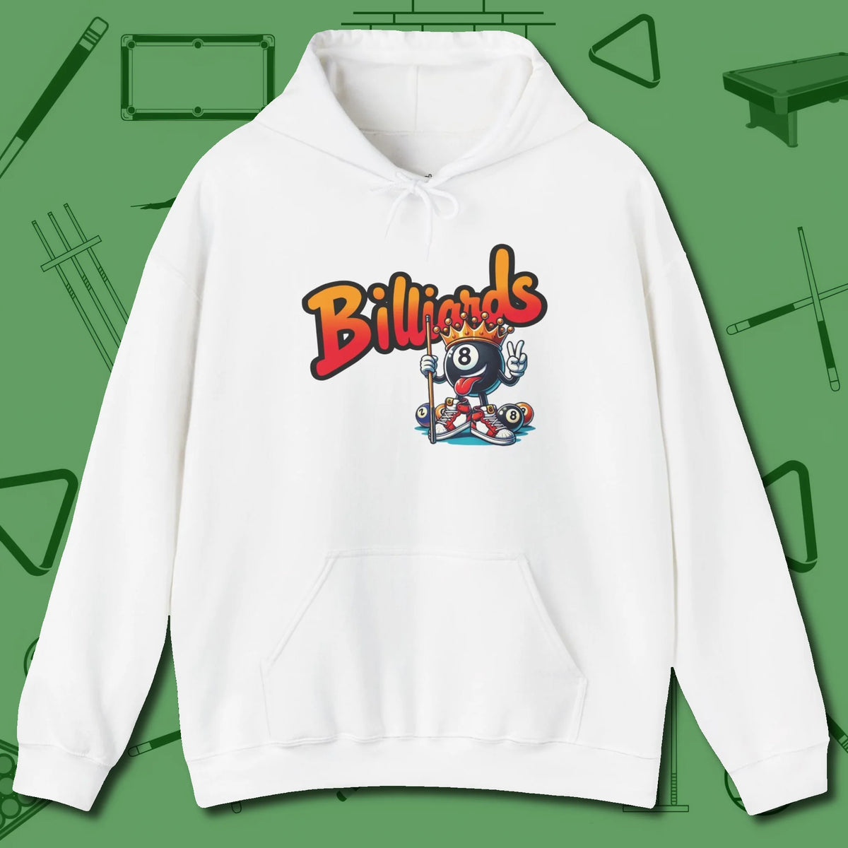 Graffiti Billiards Hoodie, front view, in White classic cue style, no gimmicks